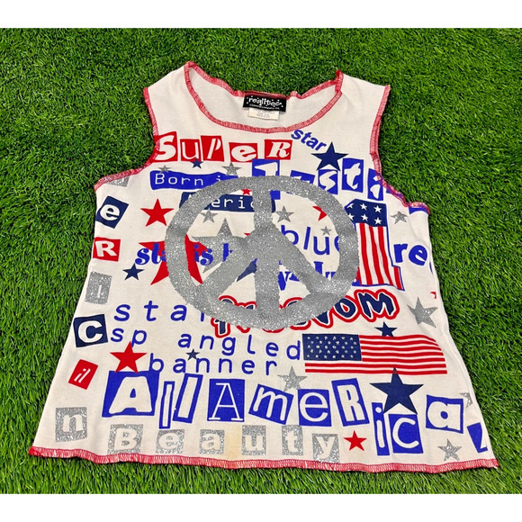 Realitee Y2K USA Patriotic Peace Sign Tank Top Glitter Stars Stripes Made USA M - Picture 1 of 9